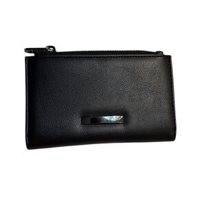 Black Wallet Faux Leather Steel-tone Hardware Snap Closure Zip Pocket Billfold